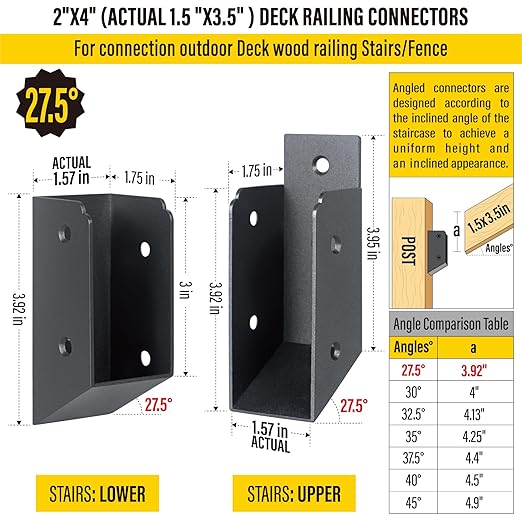 201 Stainless Steel 2" x 4" (1 ½" x 3 ½" Actual) Deck Railing 27.5° Stair Connectors, for Deck Railing Stair Handrail Connection Installation Deck Railing Bracket (4 Pair-Black)
