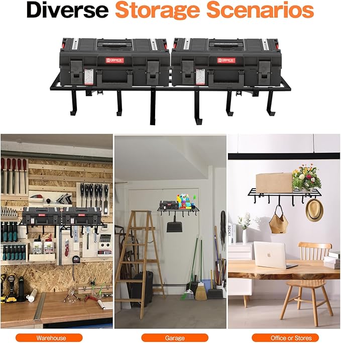 Garage Wall Shelving, 1X4 ft Garage Storage Rack,Heavy Duty Wall Mounted Storage Shelf With 12 Hooks-Each Loads 200lbs Metal Wall Shelf,Black,2Pack