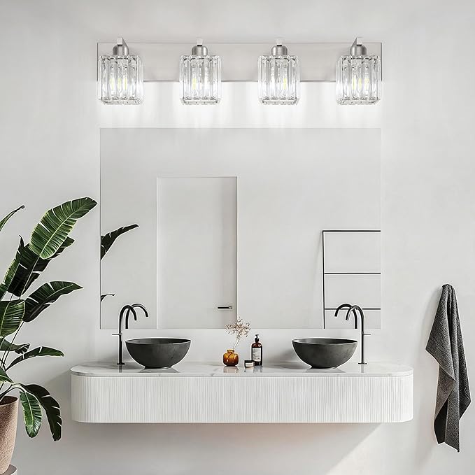 Aipsun Brushed Nickel Bathroom Lighting Fixtures 4 Light Crystal Modern Bathroom Vanity Light (Exclude Bulb)