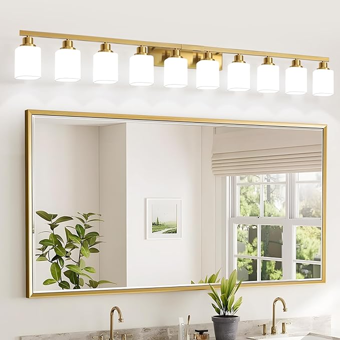 Gold Bathroom Vanity Light,10-Light Brushed Gold Bathroom Light Fixtures with Square Frosted Glass,64.5in Wall Lamp Sconces for Mirror Bedroom,Living Room Hallway,E26