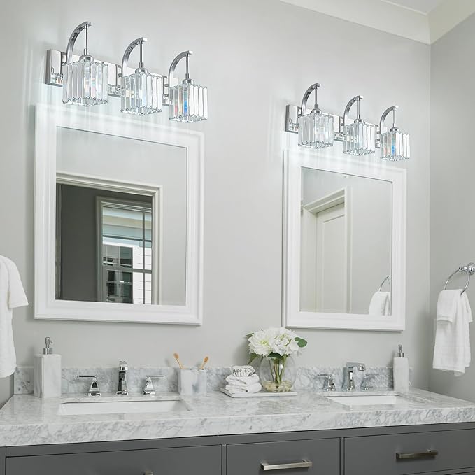 Crystal Vanity Lights 3-Light Chrome Bathroom Vanity Lights Modern Crystal Bathroom Light Fixtures Over Mirror 23.62" Long Vanity Light for Bathroom