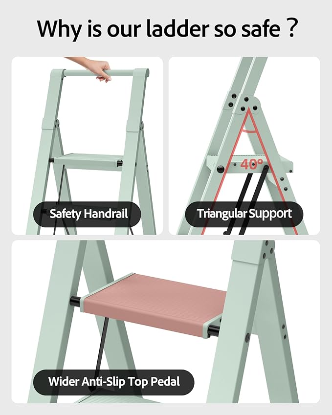 Taranta 4 Step Ladder, Lightweight Aluminum Step Stool with Convenient Handgrip, Folding Ladder with Anti-Slip Pedals, 330lbs Capacity Stepladder for Home, Office, Kitchen - Fairyland Green