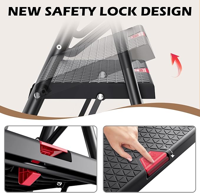 KINGRACK Step Ladder, Portable Folding Step Stool with Anti-Slip Wide Pedals, Heavy Sturdy Steel with Handrail, Safe-Lock Design, 800lbs Load Capacity, for Home and Kitchen, Black (5 Step Ladder)