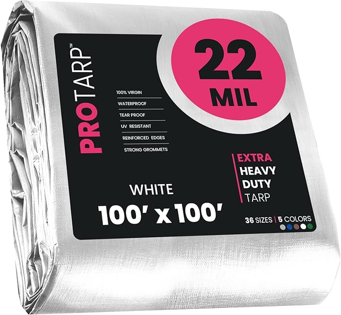 PROTARP Extreme Heavy Duty 22 Mil Tarp Cover, Waterproof, UV Resistant, Rip and Tear Proof, Poly Tarpaulin with Reinforced Edges for Roof, Camping, Patio, Pool, Boat. (White 100′ X 100′)