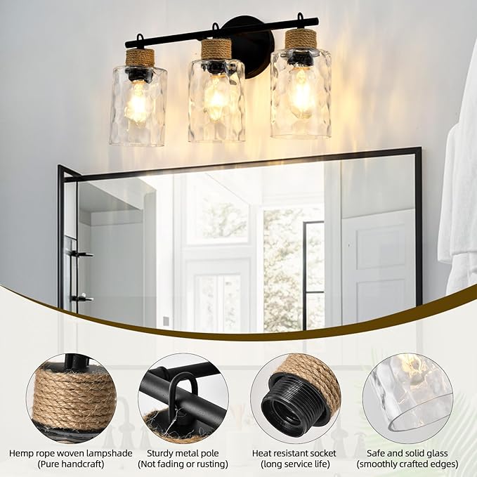 3-Light Bathroom Light Fixtures, Coastal Vanity Lights with Crystal Glass Shade, Black Bathroom Wall Lamp for Mirror Kitchen Hallway Bedroom