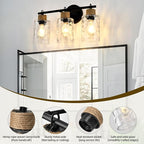 3-Light Bathroom Light Fixtures, Coastal Vanity Lights with Crystal Glass Shade, Black Bathroom Wall Lamp for Mirror Kitchen Hallway Bedroom