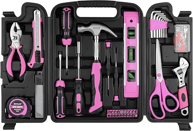 Pink Tool Set -131 Piece Pink Tool sets for WomenGeneral Household Hand Tool Kit with Plastic Tool Box Storage Case(Pink)