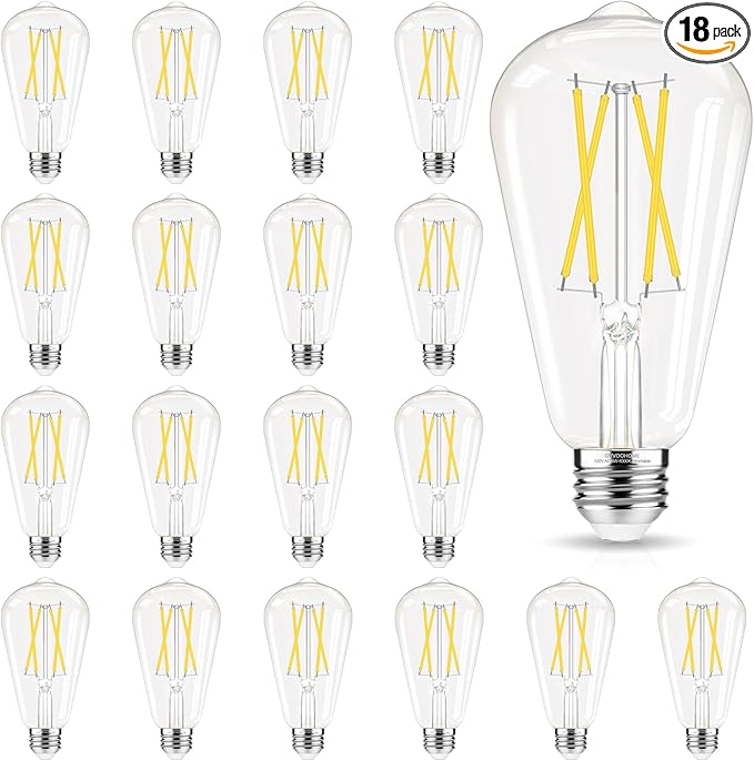 Edison Bulbs 60 watt Equivalent LED, E26 Bulb Dimmable, Cool White 4000K, ST58 Vintage Light Bulbs, 90+ CRI, 6W 600LM, E26 Medium Base, Clear Glass, 18 Pack