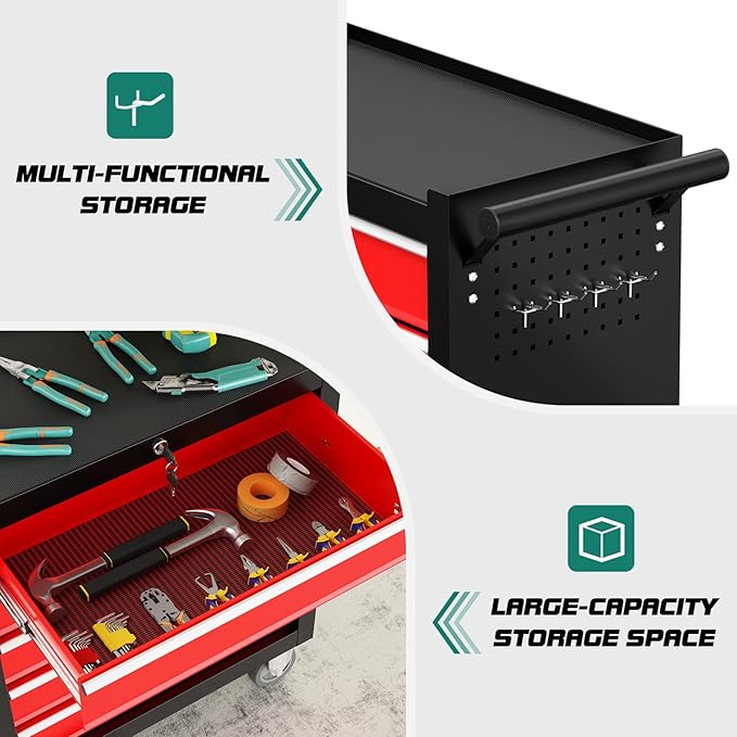 5-Drawer Rolling Tool Chest Toolbox, Rolling Tool Box with Wheels, Tool Chest with Keyed Locking System and Drawer Liners, Tool Box Organizer for Garage, Warehouse, Workshop(BlackRed)