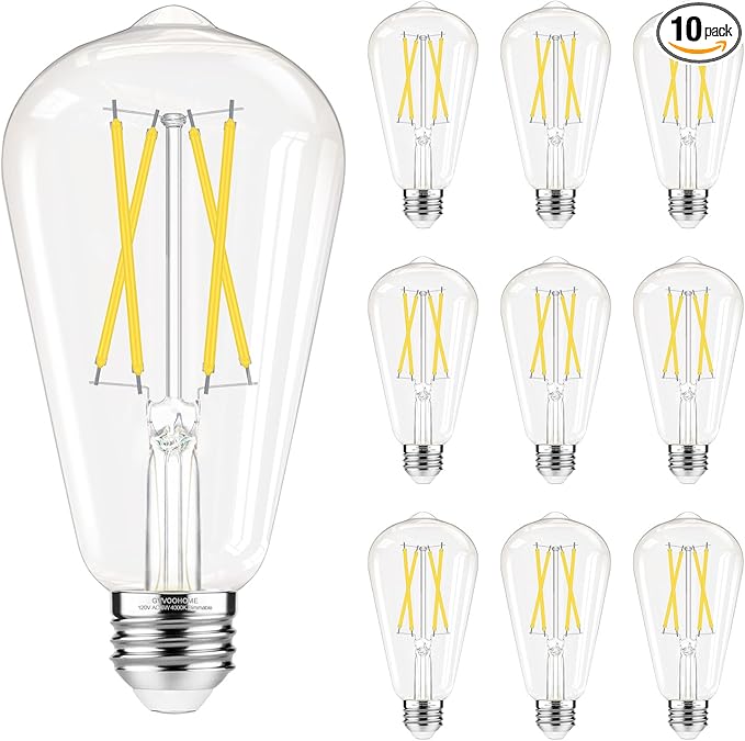 Dimmable LED Edison Bulbs, 4000K Daylight White, 6W Equivalent to 60 watt E26 LED Bulb, ST58 Vintage Light Bulbs, 600LM, 90+ CRI, E26 Base, Clear Glass, 10 Pack