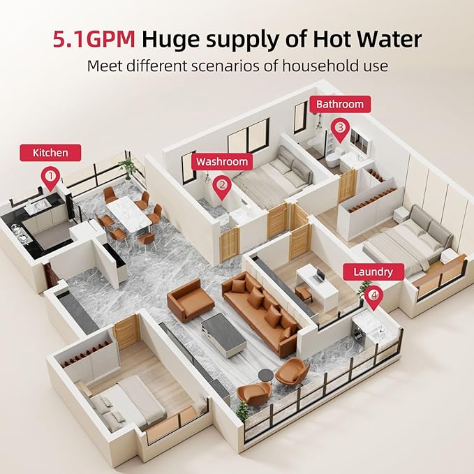 MIZUDO Tankless Water Heater Propane, Indoor or Outdoor Convertible Installation, Max 5.1 GPM 120,000 BTU, WiFi&APP Control CSA Certified for Large Families Whole House, GEN 3