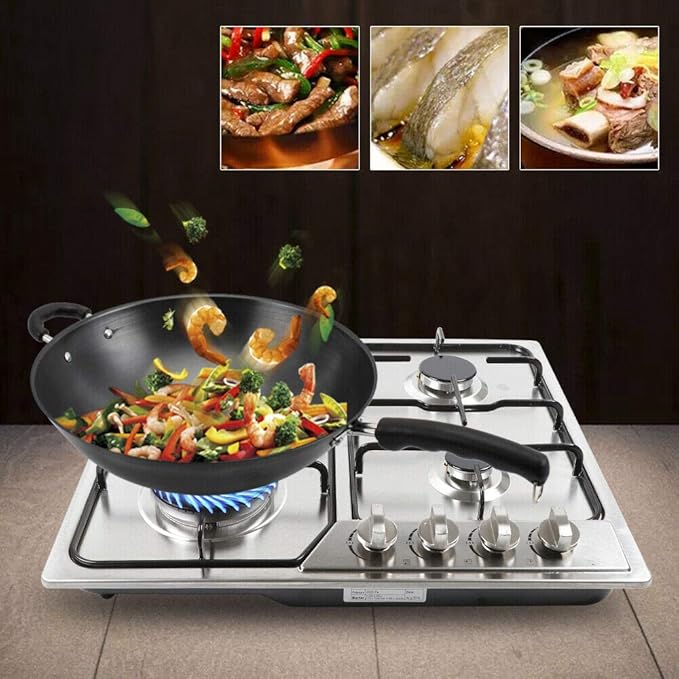 4 Burners Built in Gas Stovetop Cooker Gas Range Portable Stainless Steel Cooktop LPG/NG Dual Fuel Cast Iron Grate Gas Stove Kitchen Cooking Stove for Home RV Outdoor Apartment Silver(22.83x20.47Inch)