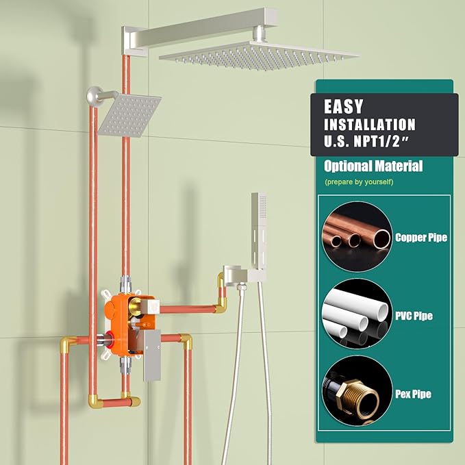 Enga Shower System Dual Shower Heads with 10+6" Dual Rain Shower Head with Handheld Spray for Two People, Wall Mount Shower Faucet Set with Valve Kit, Brushed Nickel