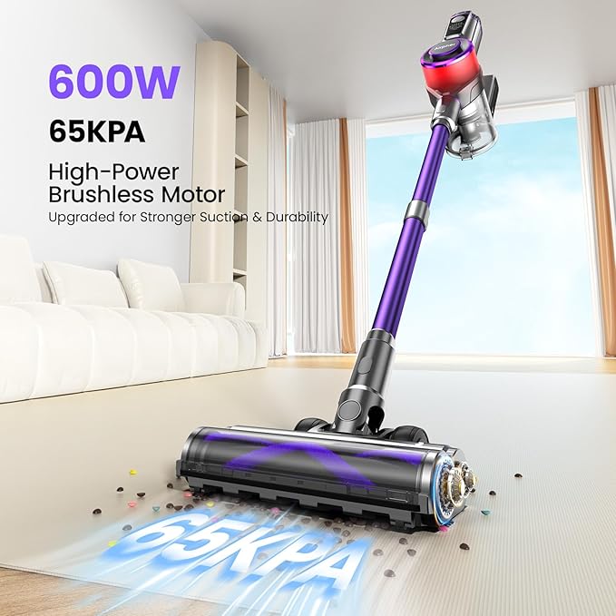 Cordless Vacuum Cleaner,600W 65KPA Dual Motor Vacuum for Home with AI Auto Suction,70Min Runtime,Stick Vacuums with Self-Standing Design,LED Headlights for Carpet,Hardwood Floors,Pet Hair,Tile
