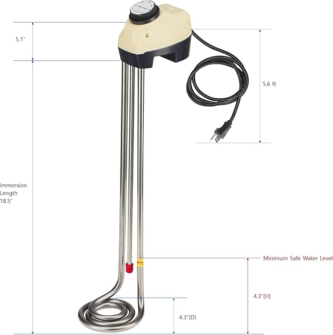 KD 1500W Immersion Bucket Water Heater, Auto Shutoff, Overheating Prevention, Auto Water Level Senor, Adjustable Thermostat, Easy-to-Use (WHITE / 1500 WATT)