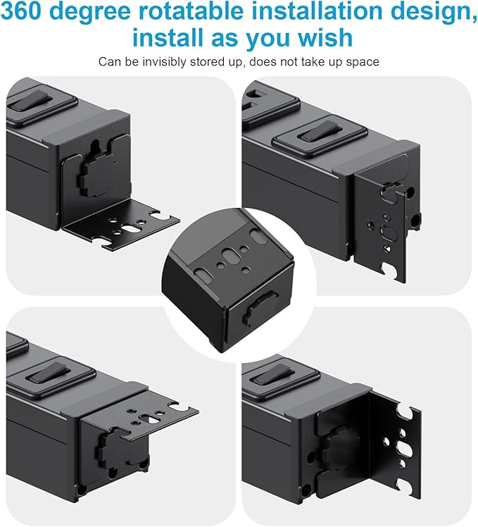 HHSOET Metal 360° Rotating Mountable Power Strip, 8 Outlet Gaming Table Mounted Outlet Strip, Heavy Duty Wall Mount Surge Protector with Switch, 15A 125V 1875W, 15ft Power Cord.(Black)