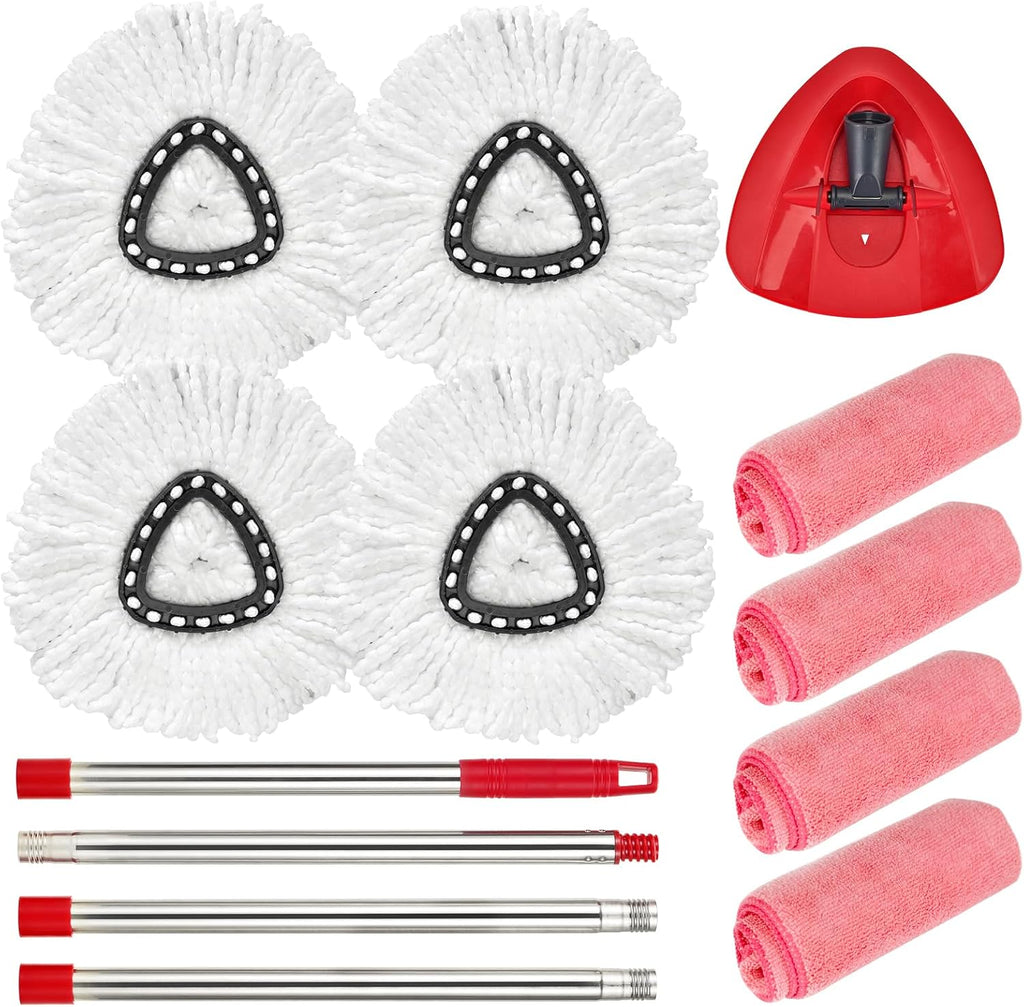 Matthew Spin Mop Replace Head Kit,Base,Handle Compatible with EasyWring Microfiber Spin Mop,4 Mop Refills Replacement Heads,30-58in Mop Handle and 1 Mop Base Combo Set White (1-Tank System)