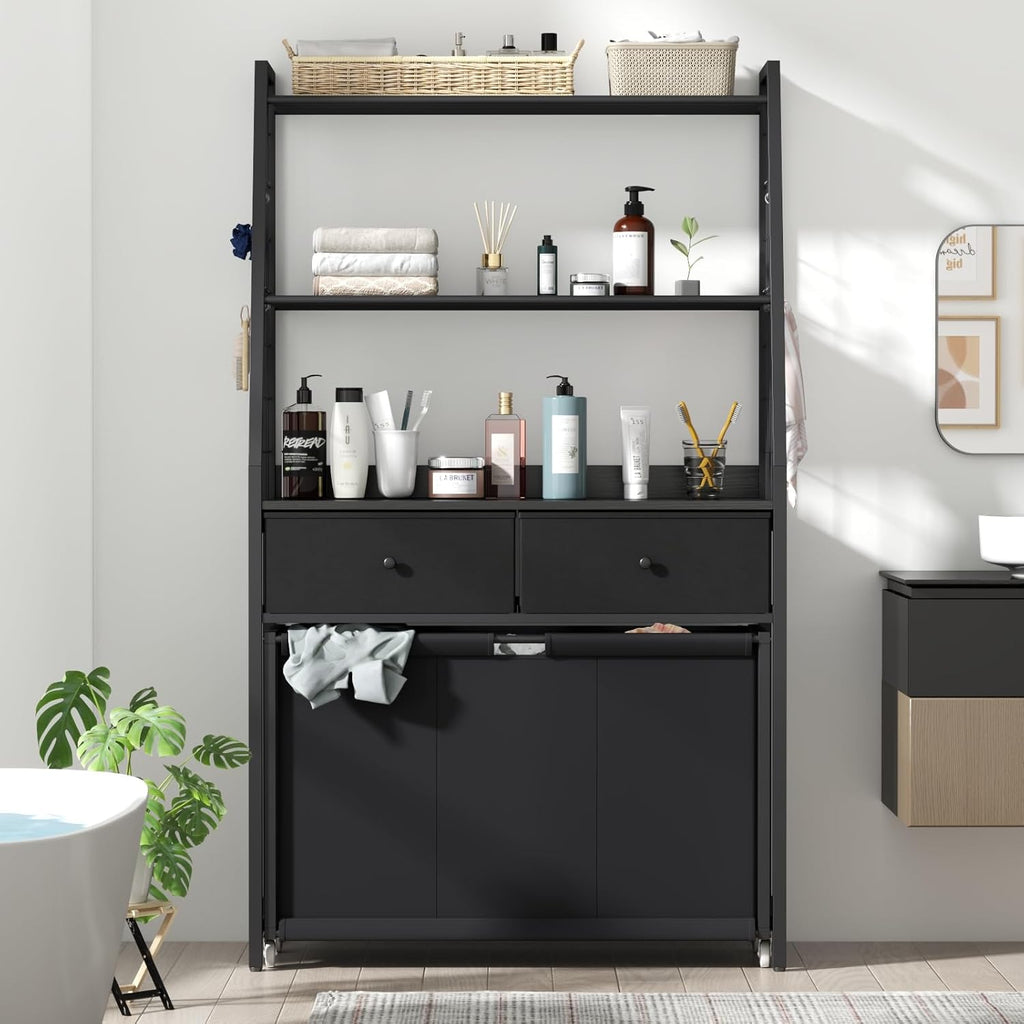 Laundry Hamper Laundry Basket with 3 Section Pull-Out Rolling Bags & 2-Tier Storage Shelf, Laundry Sorter for Organization and Storage with 2 Drawers for Laundry Room, Bathroom