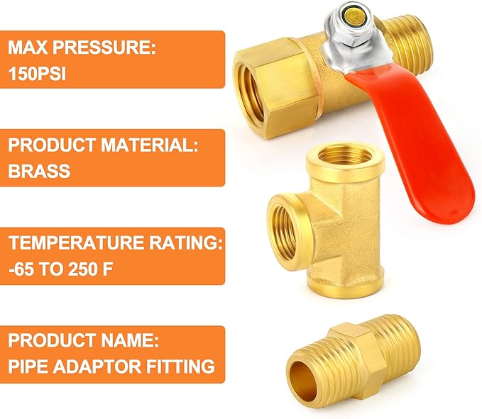 GASHER 6PCS 1/4 Inch NPT Brass Pipe Fitting, Ball Valve, Barstock Tee Brass Pipe Fitting and Air Hose Fitings