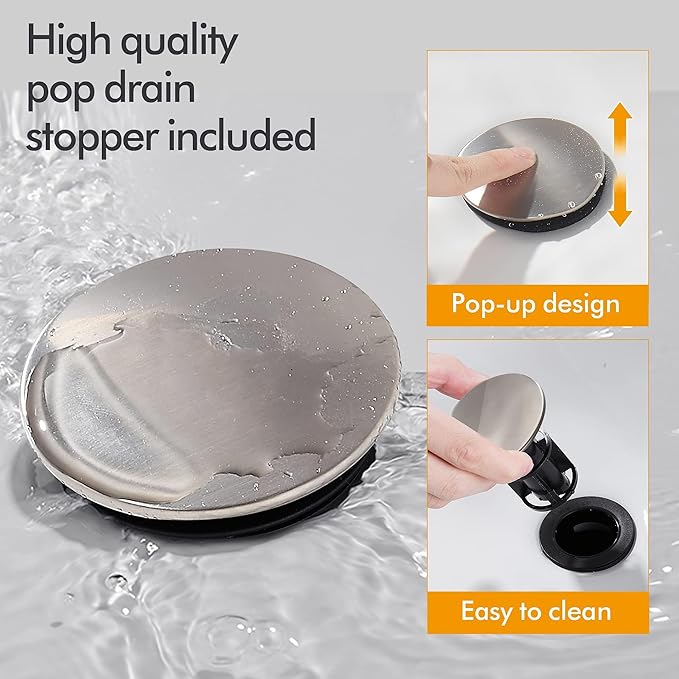 Brushed Nickel Bathroom Sink Faucet 4 Inch Faucet 2 Handle with Pop-up Drain Stopper and Supply Hoses(Set of 2)