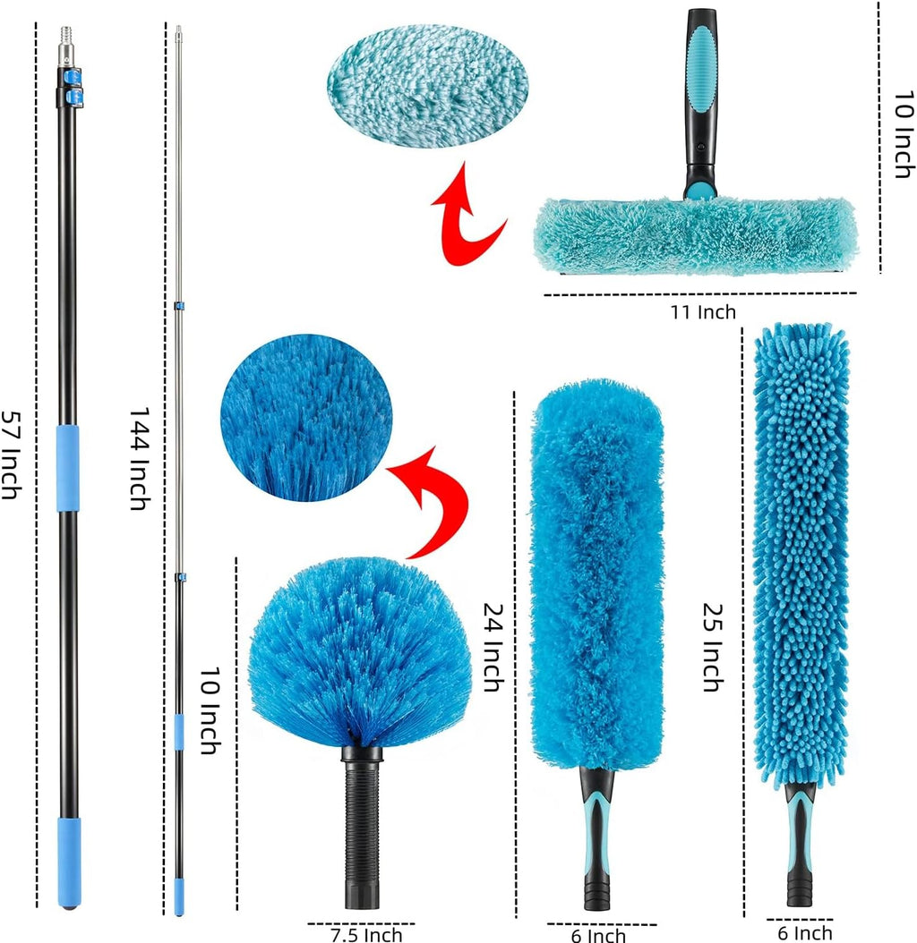 20 Foot High Ceiling Fan Duster with 5-12 Foot Extension Pole, Extendable Reusable Cobweb, Feather, Window Cleaning Squeegee Kit Blue