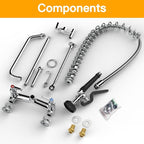 Commercial Sink Faucet Wall Mount with Pre Rinse Sprayer 8 inch Center Wall Mount Kitchen Sink Faucet 36" Height with 12" Add-on Swing Spout for 1/2/3 Compartment Sink-Round Sprayer