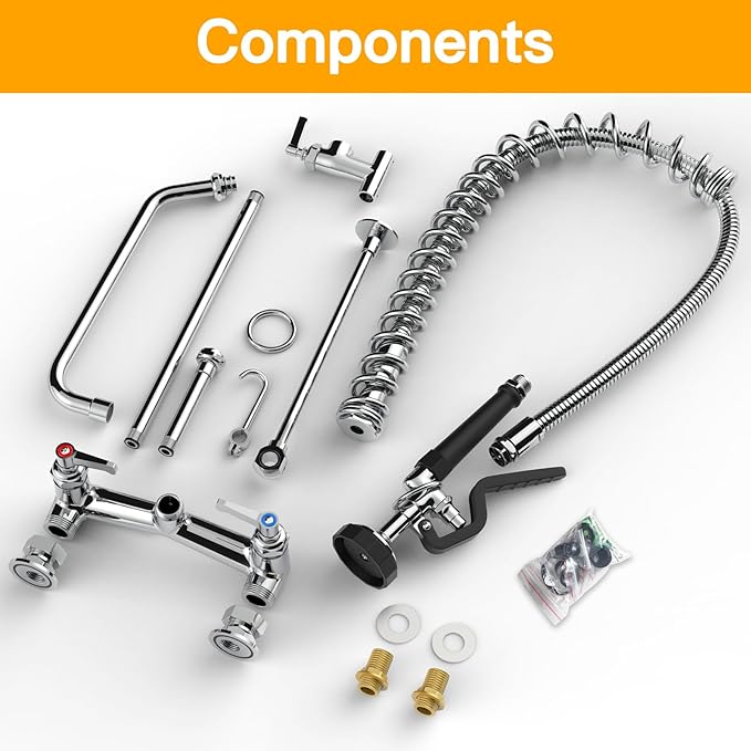 Commercial Sink Faucet Wall Mount with Pre Rinse Sprayer 8 inch Center Wall Mount Kitchen Sink Faucet 47" Height with 14" Add-on Swing Spout for 1/2/3 Compartment Sink