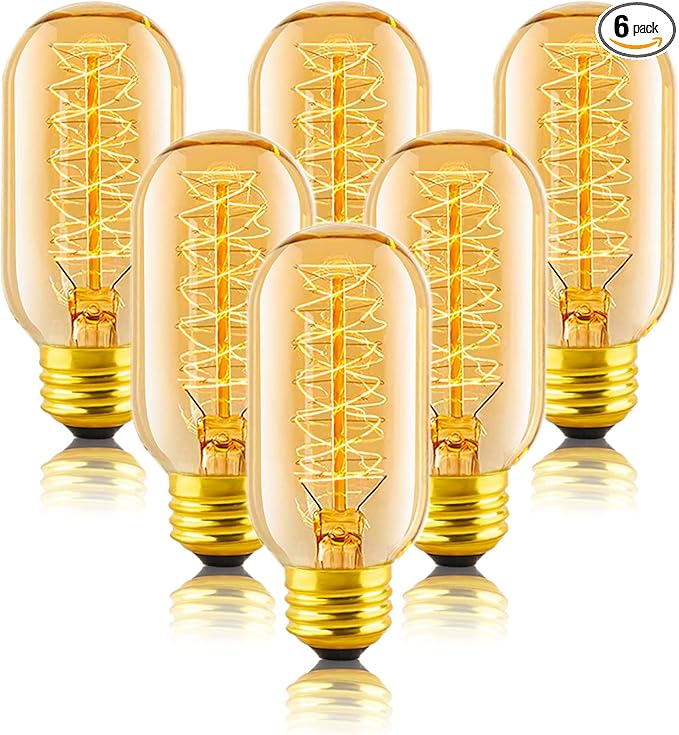 T45 Edison Bulbs 40W, 6 Pack Dimmable Retro Bulbs, 110V-130V, E26 Base Dimmable Decorative Antique Filament Bulbs, Amber Glass, 2200K Warm Yellow Incandescent Bulbs for Home Lighting Decor
