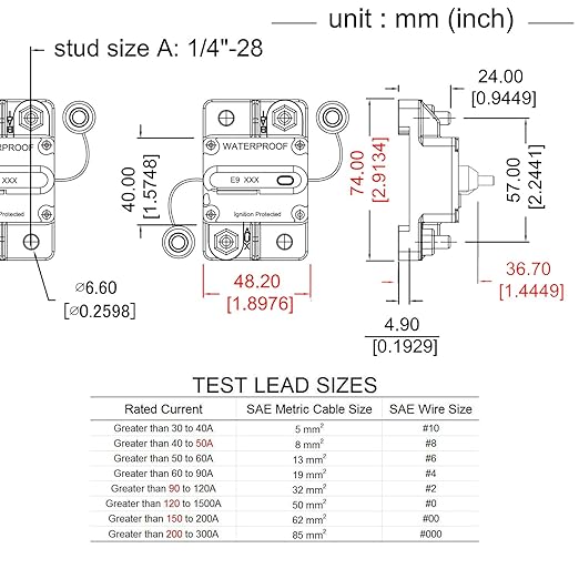 E9 100 Amp Circuit Breaker with Manual Reset | UL Certified Waterproof IP67 DC12V - 48V 100A Switchable Surface Mount