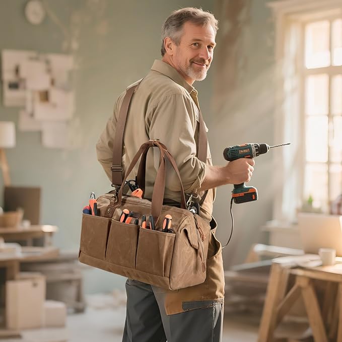 Heavy Duty 18-Inch Tool Bag with 12 Pockets, Large Zippered Tool Organizer, Portable Empty Toolbox for Mechanics, Electricians, DIY – Durable Soft Handle, Ideal Father’s Day or Birthday Gift