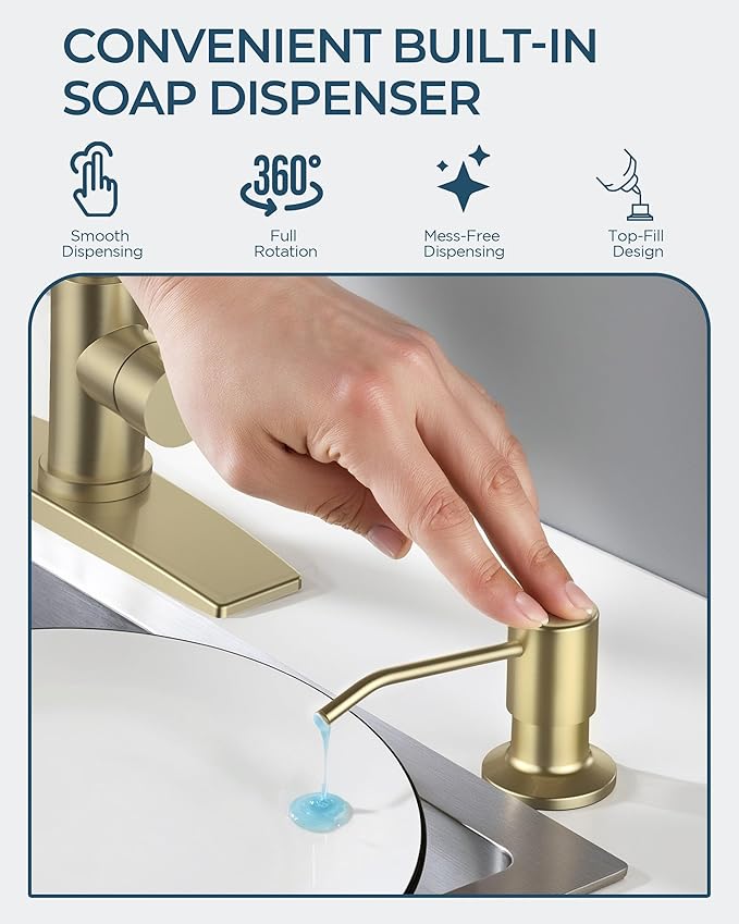 FORIOUS Kitchen Faucet with Soap Dispenser, Gold Stainless Steel Single Handle Modern Spring Commercial Sink Faucet with Pull Down Sprayer for Laundry & Utility Room RV Camp Bar Farmhouse