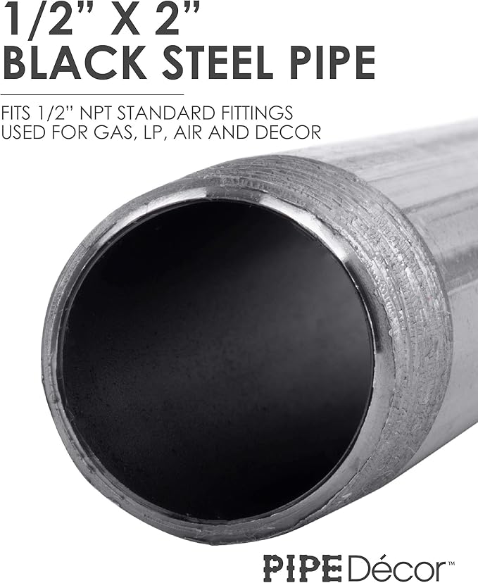 PIPE DÉCOR 1/2” x 2” Malleable Cast Iron Pipe Nipple, Pre Cut Connectors, Industrial Steel Grey Fits Standard Half Inch Black Threaded Pipes Nipples and Fittings, Build Vintage DIY Furniture, 10 Pack
