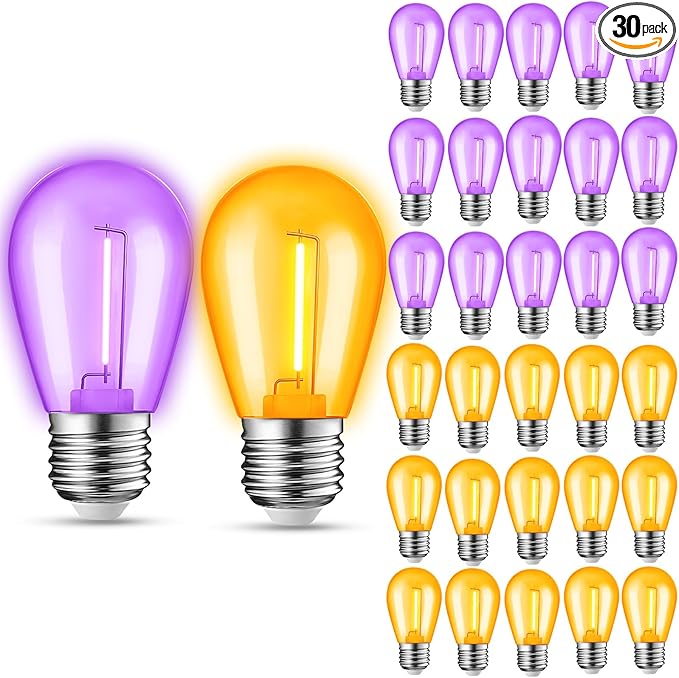 30-Pack Orange Purple String Light Bulbs, S14 LED Replacement Bulbs for Outdoor String Lights, Patio Light Bulbs, 1W E26 Base for Halloween Christmas,Holiday Lighting,Home Decor (Orange + Purple)