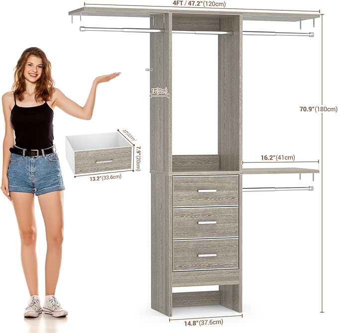 4FT Small Closet System with 3 Fabric Drawers, 48'' Closet Organizer System With 3 Adjustable Shelves, Flexible Built-In Clothes Garment Rack for Small Space, 48"L x 13"W x 71"H, White Oak