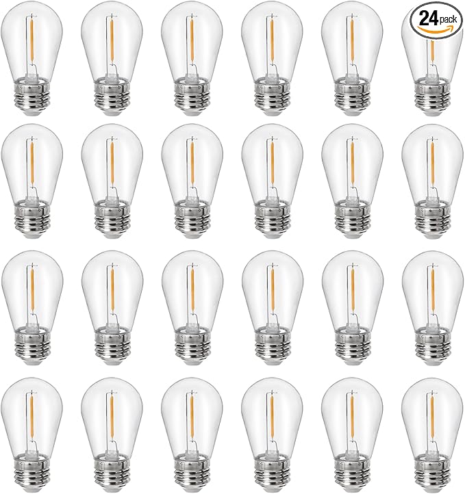 24Pack S14 Shatterproof LED Bulbs, E26 Screw Base Replacement for Outdoor String Lights - 1W Dimmable (Equal to 11W) 2700K Warm White, Weatherproof Patio Decor 120V