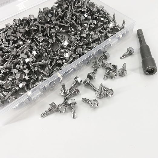 QSJ 300PCS #8 x 1/2'' Sheet Metal Screws 410 Stainless Steel Hex Washer Head Fast Self Tapping Screws with Screwdriver Bit Silver