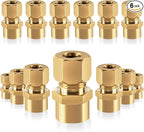 Brass compression tube pipe fitting connector Straight Coupling Adapter 3/8" Tube OD x 1/4" NPT Female Connector 6pcs(3/8od to 1/4npt)