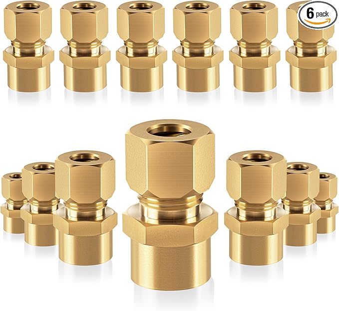Brass compression tube pipe fitting connector Straight Coupling Adapter 3/8" Tube OD x 1/4" NPT Female Connector 6pcs(3/8od to 1/4npt)