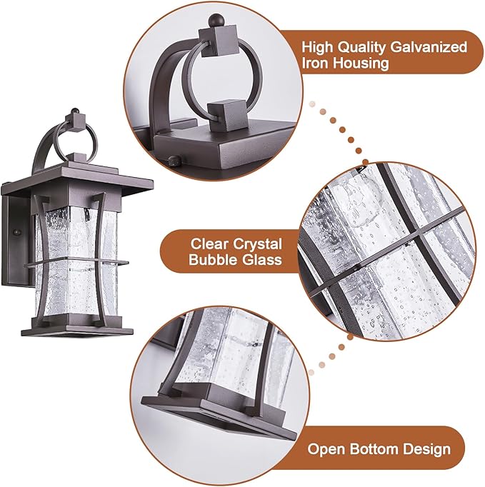 Oil Rubbed Bronze Outdoor Light Sconces Wall Mount Matte Brown Outdoor Wall Lamp Large Exterior Porch Wall Lantern with Seeded Glass 15" Outside Lights for House, Front Door, Patio, Backyard