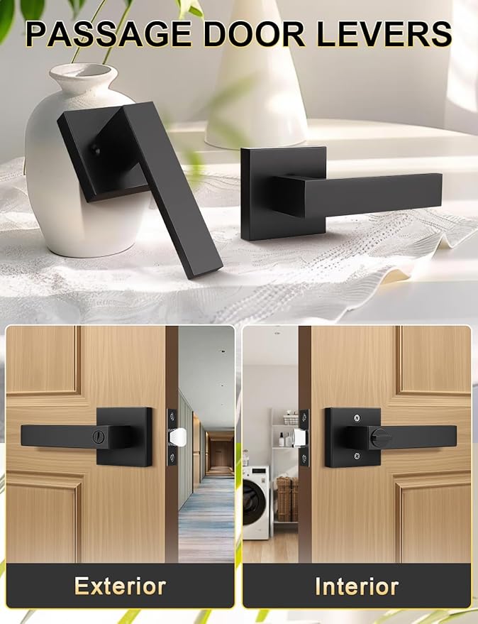 3 Pack Square Black Door Handles Interior, No Lock Passage Door Lever for Left or Right Handing, Heavy Duty Matte Black Closet Door Handle Sets