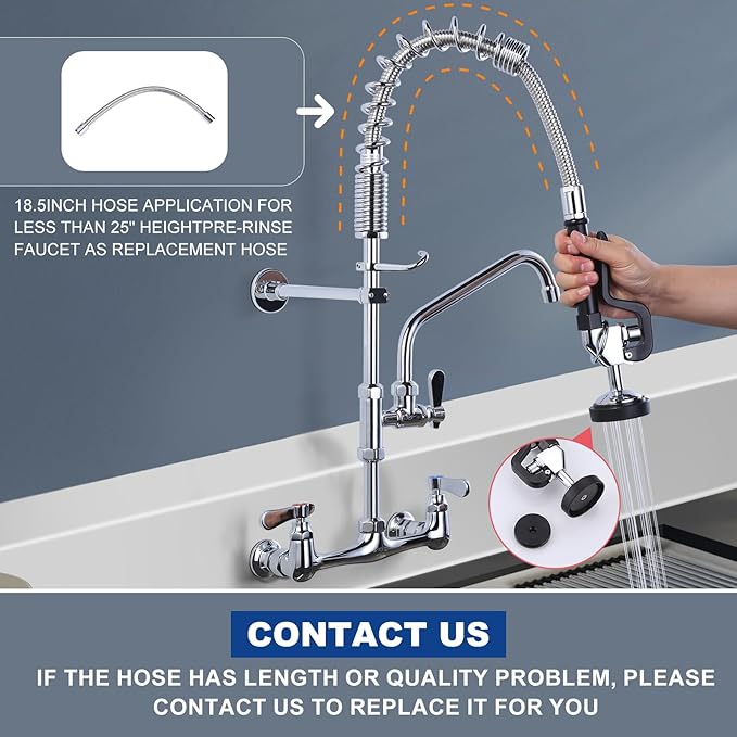 Commercial Kitchen Faucet Wall Mount with Pre-Rinse Sprayer 8 Inch Center Wall Mount Kitchen Sink Faucet with 9.6" Add-on Swing Spout 25" Height Faucet with Pull Down Spray