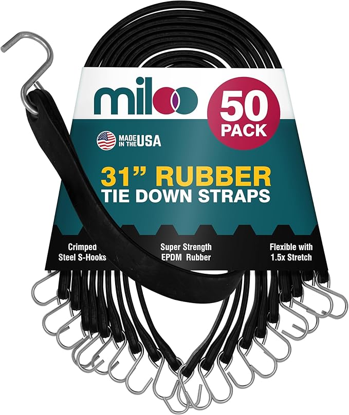 Miloo Rubber Bungee Cords with Hooks - Heavy Duty Tarp and Cargo Straps - Made in USA - 31 Inch - Pack of 50