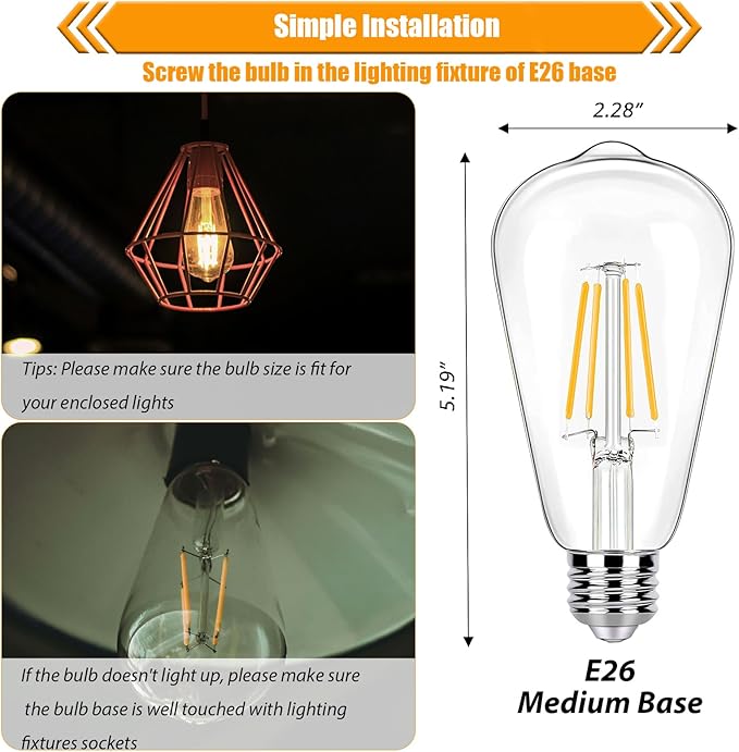 16 Pack LED Edison Bulbs 40W Equivalent, 4 Watt LED Filament Bulb, 2700K Soft Warm ST19 Light Bulb, 450LM E26 Vintage Bulbs for Ceiling Light Fixtures, Non-dim