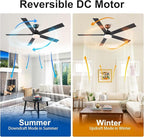 60 Inch Ceiling Fans with Lights and Remote, 6 Speed Reversible DC Motor, 3CCT Dimmable LED, 5 Blades, Black Modern Ceiling Fan for Bedroom, Living Room & Covered Outdoor, Includes Downrod
