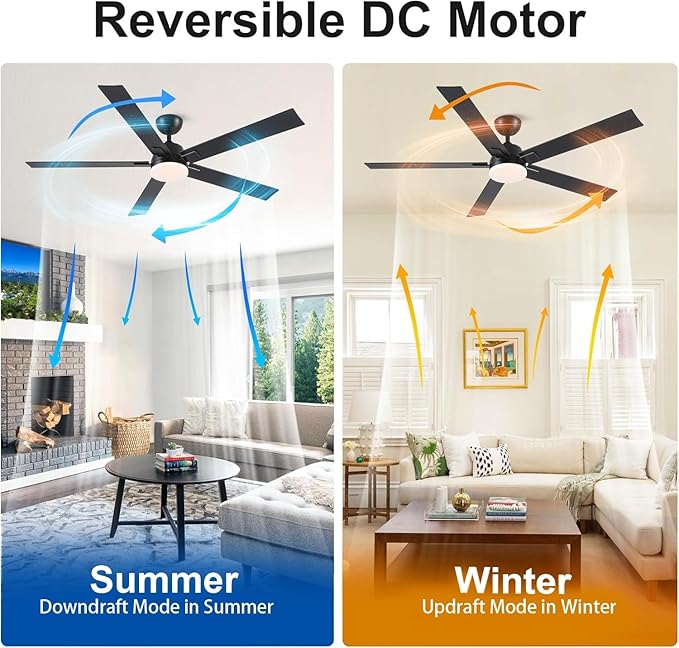 60 Inch Ceiling Fans with Lights and Remote, 6 Speed Reversible DC Motor, 3CCT Dimmable LED, 5 Blades, Black Modern Ceiling Fan for Bedroom, Living Room & Covered Outdoor, Includes Downrod