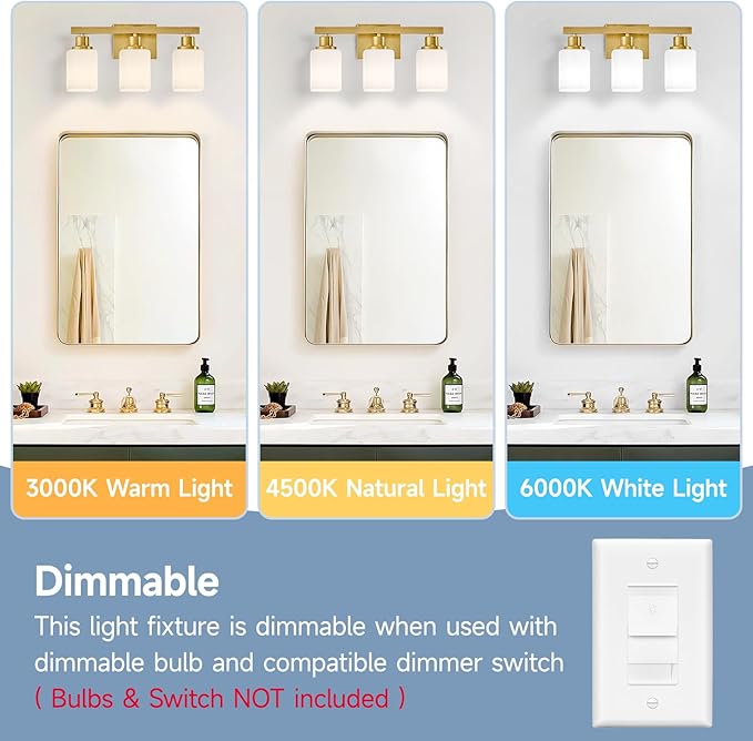 Bathroom Vanity Light,3-Light Gold Modern Bathroom Light Fixtures with Square Frosted Glass,Gold Wall Lamp Sconces for Mirror Bedroom,Living Room Hallway, E26