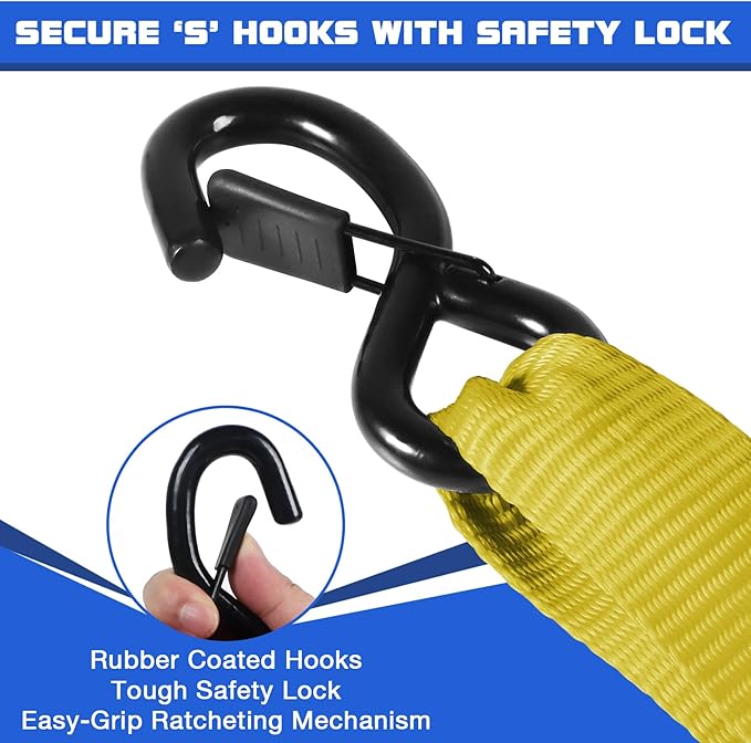 Truck Bed Tie Down Straps Ratchet Set 4 PK 10'x1.5 Inch 4400 lbs Load Rack Roof Car Accessories Heavy Duty Cargo Straps Ratching for Kayak,Moving Furniture,Boat,Trailer,Mattress Tie Downs Rope Yellow