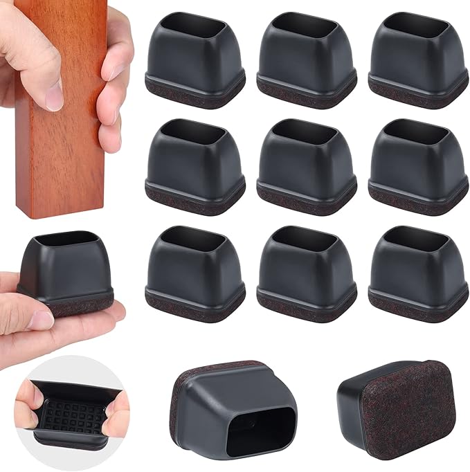 Ezprotekt 16 Pcs Rectangle Silicone Chair Leg Floor Protectors, Felt Rectangle Black Furniture Leg Cap Covers for Chair Table Desk - Anti- Scratches (Fit L :1.3-1.7", W: 0.9-1.2")