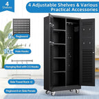 Garage Storage Cabinet with Wheels and 4 Shelves, Metal Broom Closet Storage Cabinet with Hanging Rod, Pegboard and 13 Hooks for Garage Home, Black, Assembly Required