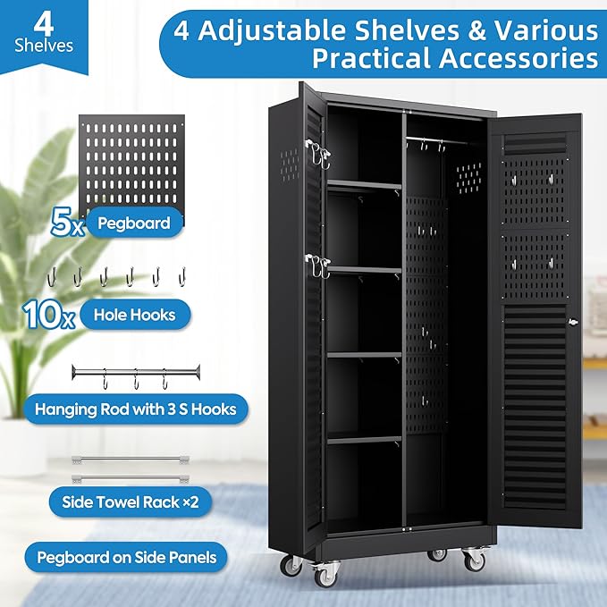 Garage Storage Cabinet with Wheels and 4 Shelves, Metal Broom Closet Storage Cabinet with Hanging Rod, Pegboard and 13 Hooks for Garage Home, Black, Assembly Required